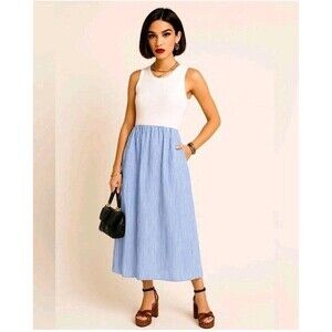 J.Crew Striped Ribbed Knit Mixy Dress White Top Blue Stripe Skirt Size L NWT